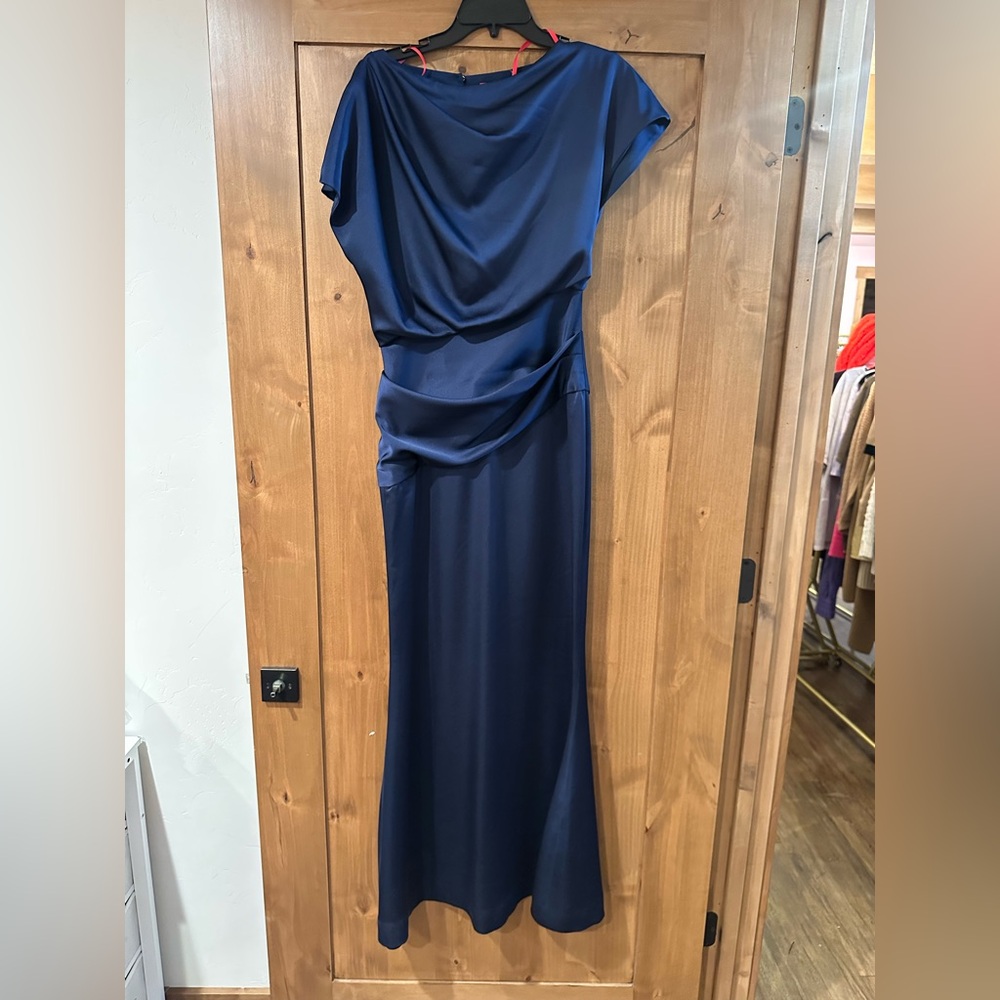 Halston Lissandra Satin Navy Blue Draped Gown - Picture 2 of 5